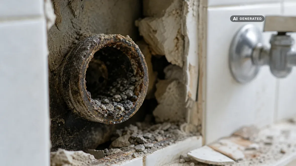 KI-generiertes Bild: Abflussrohr verstopft in der Wand – Ursachen, Hilfe, Kosten