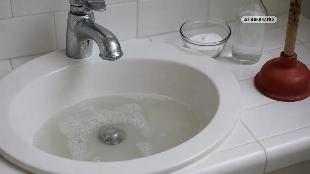 KI-generiertes Bild: Badezimmer-Waschbecken mit Abfluss, auf der Ablage daneben eine Schale mit Natron, eine Essigflasche und eine Saugglocke