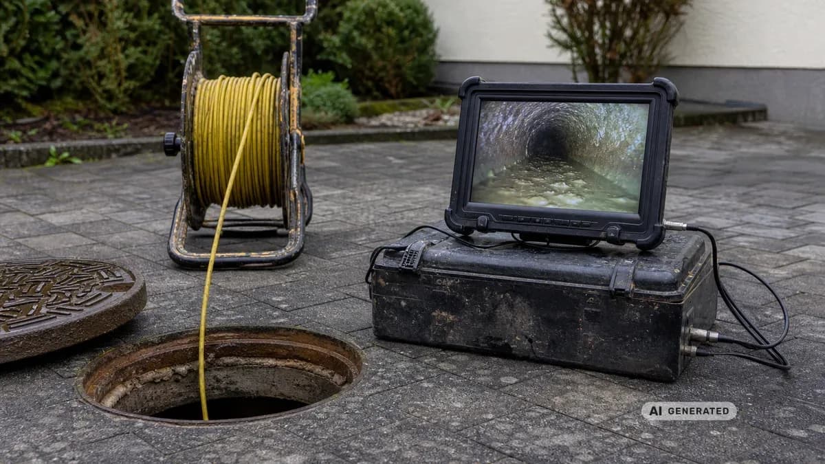 KI-generiertes Bild: Fachkraft lässt eine Kanal-TV-Kamera in einen offenen Revisionsschacht auf einem Wohngrundstück hinab, neben ihr ein Monitor mit Blick ins Innere eines Abwasserrohrs