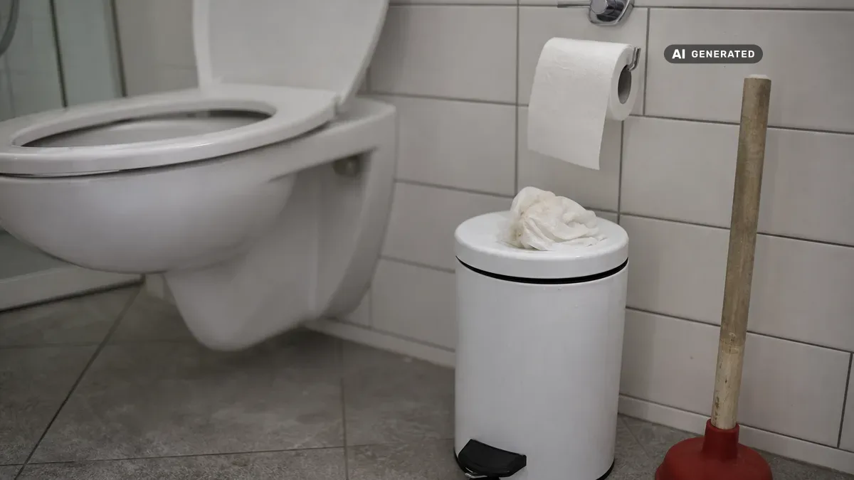 KI-generiertes Bild: Eine Hand entsorgt ein Feuchttuch in einem kleinen Mülleimer neben einem weißen WC, dazu eine Rolle Toilettenpapier und eine Saugglocke in einem hellen Bad